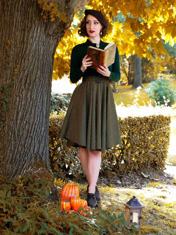 Dark Green 1950s Plaid Knitting Dress sold by Retro Stage