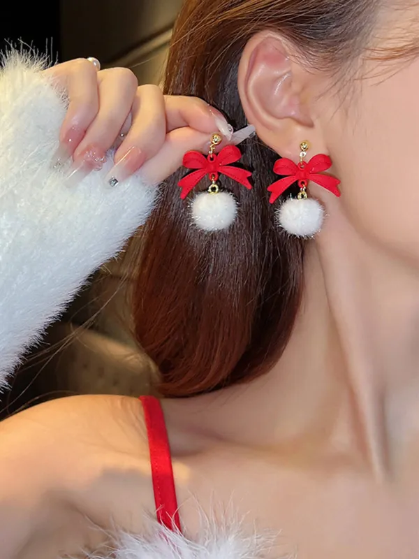 Christmas Red Bow White Plush Ball Earrings sold by Retro Stage