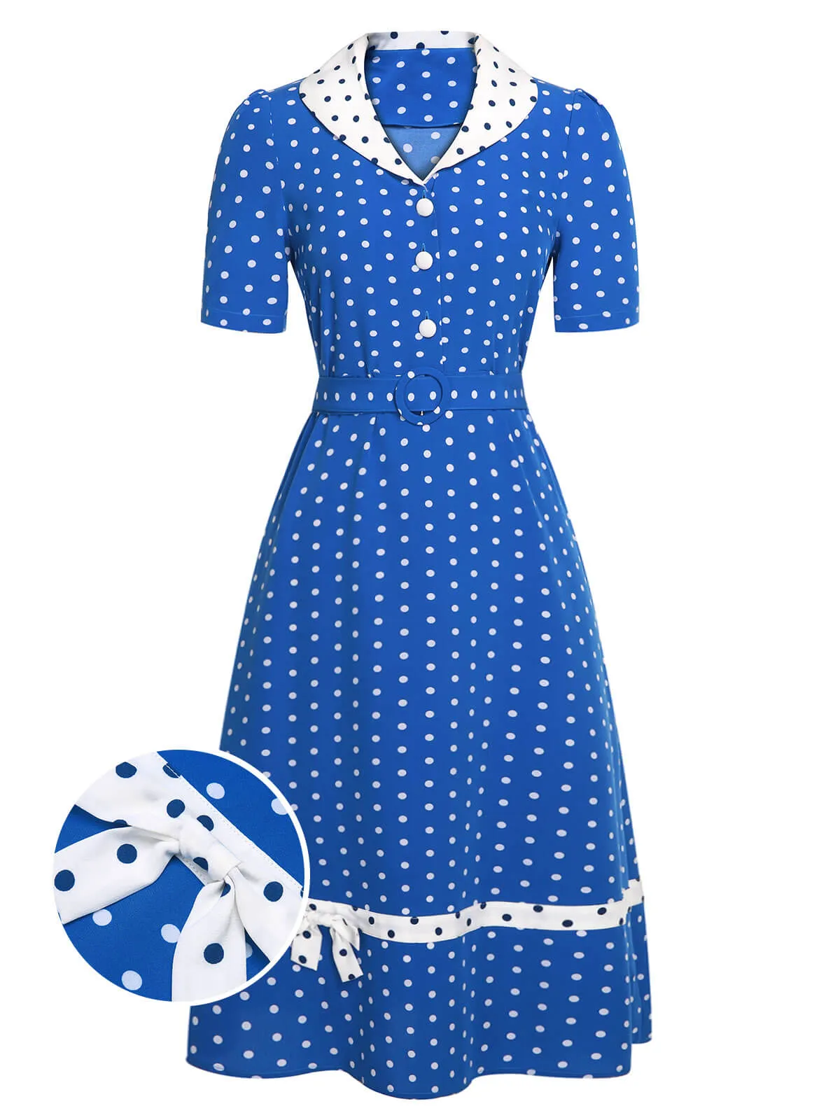 Blue & White 1940s Polka Dot Lapel Dress sold by Retro Stage