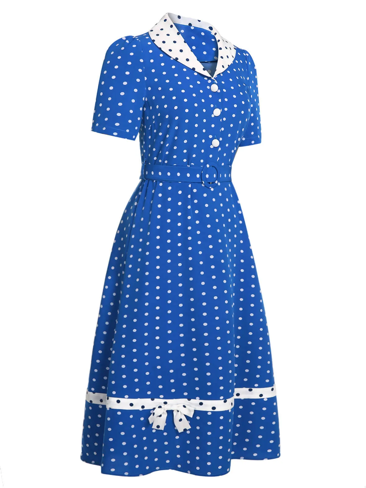 Blue & White 1940s Polka Dot Lapel Dress sold by Retro Stage product image thumbnail 3