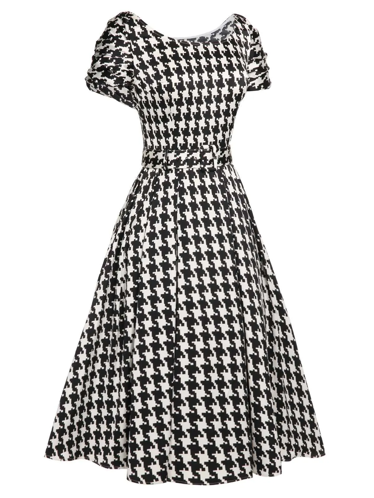 Black 1950s Houndstooth Short Sleeve Belted Dress sold by Retro Stage product image thumbnail 3