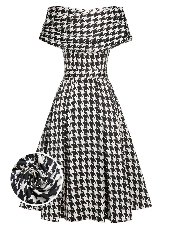 Black 1950s Houndstooth Short Sleeve Belted Dress sold by Retro Stage