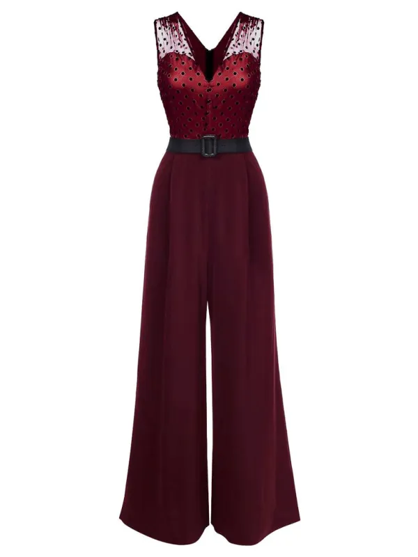 Wine Red 1930s Polka Dot Belt Jumpsuit sold by Retro Stage