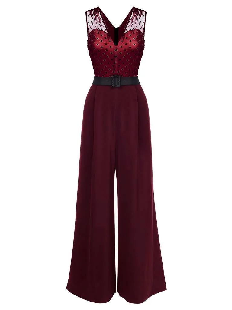 Wine Red 1930s Polka Dot Belt Jumpsuit sold by Retro Stage