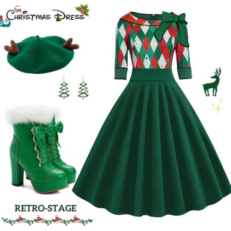 Green 1950s Christmas Plaid Patchwork Dress sold by Retro Stage