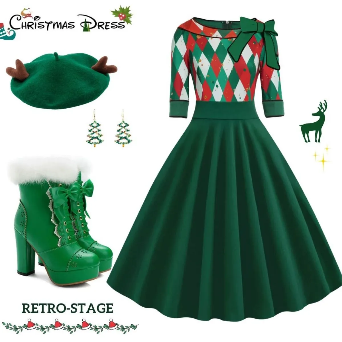 Green 1950s Christmas Plaid Patchwork Dress sold by Retro Stage