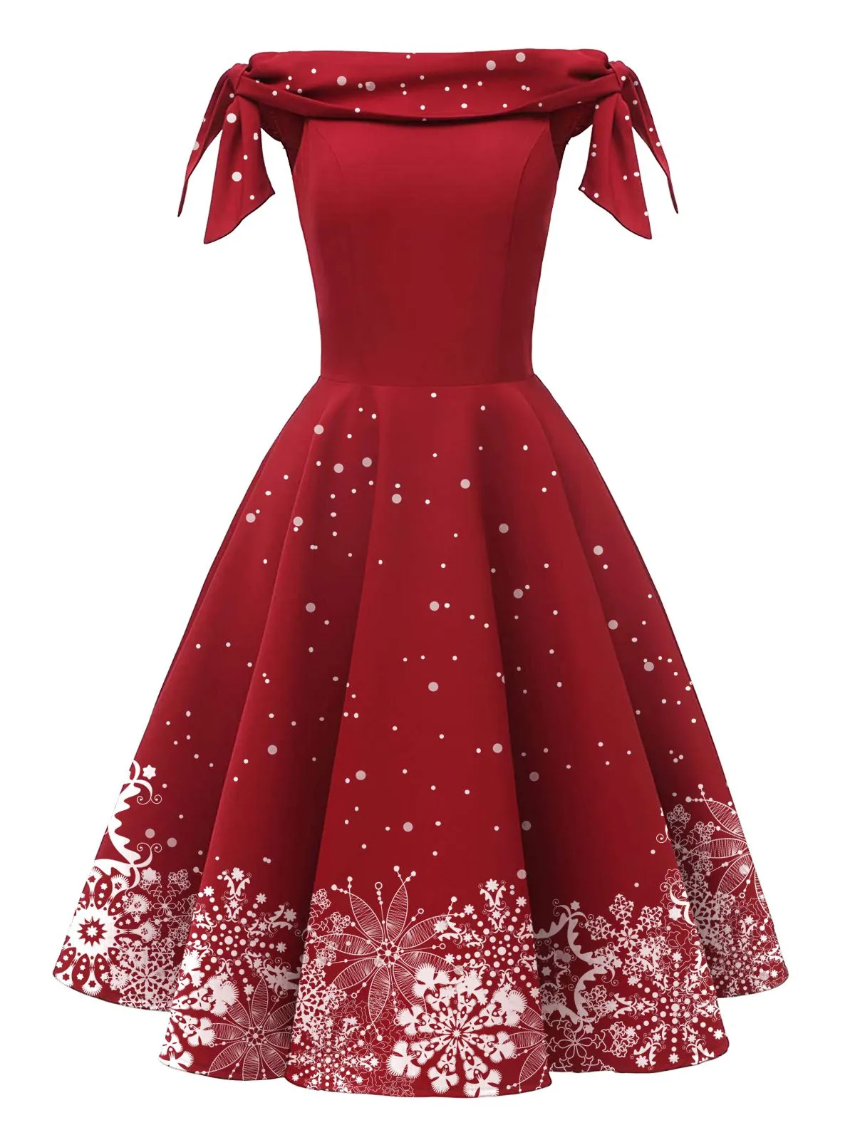 Red 1950s Off-shoulder Snowflake Dress sold by Retro Stage product image thumbnail 2