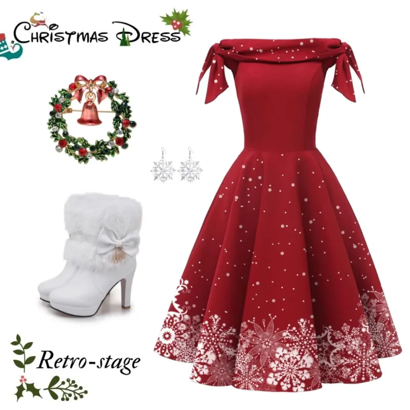 Red 1950s Off-shoulder Snowflake Dress sold by Retro Stage