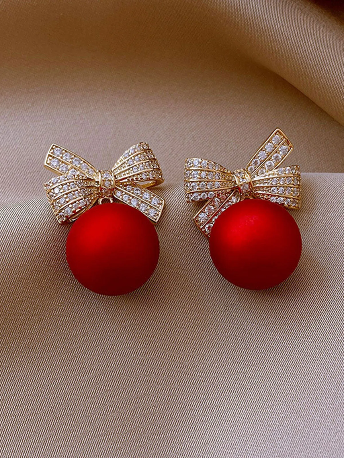 Red Christmas Bow Diamond Earrings sold by Retro Stage