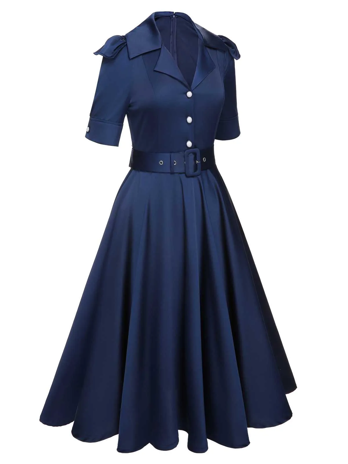 Blue 1940s Solid Short Sleeves Lapel Dress sold by Retro Stage product image thumbnail 3