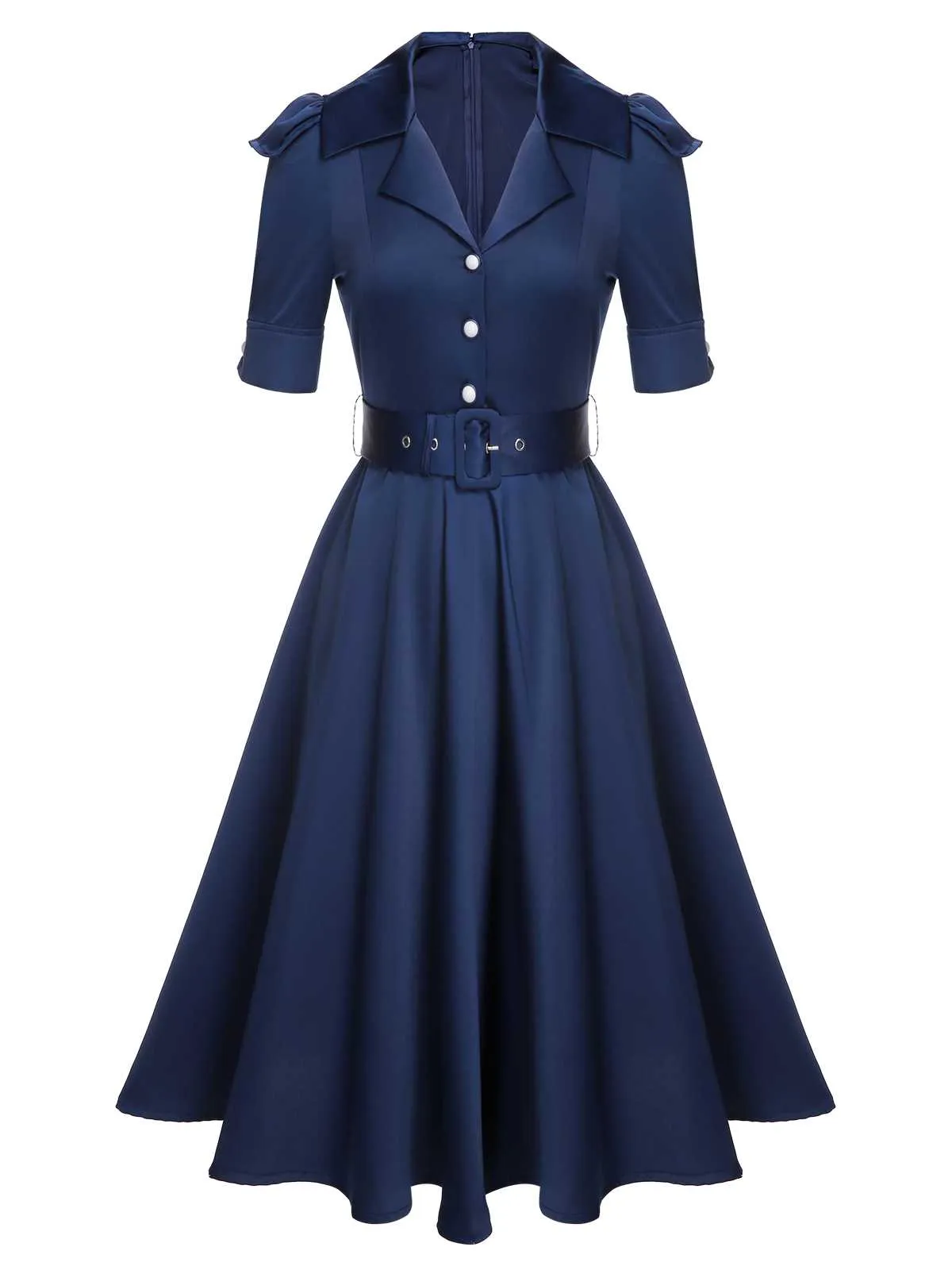 Blue 1940s Solid Short Sleeves Lapel Dress sold by Retro Stage product image thumbnail 2