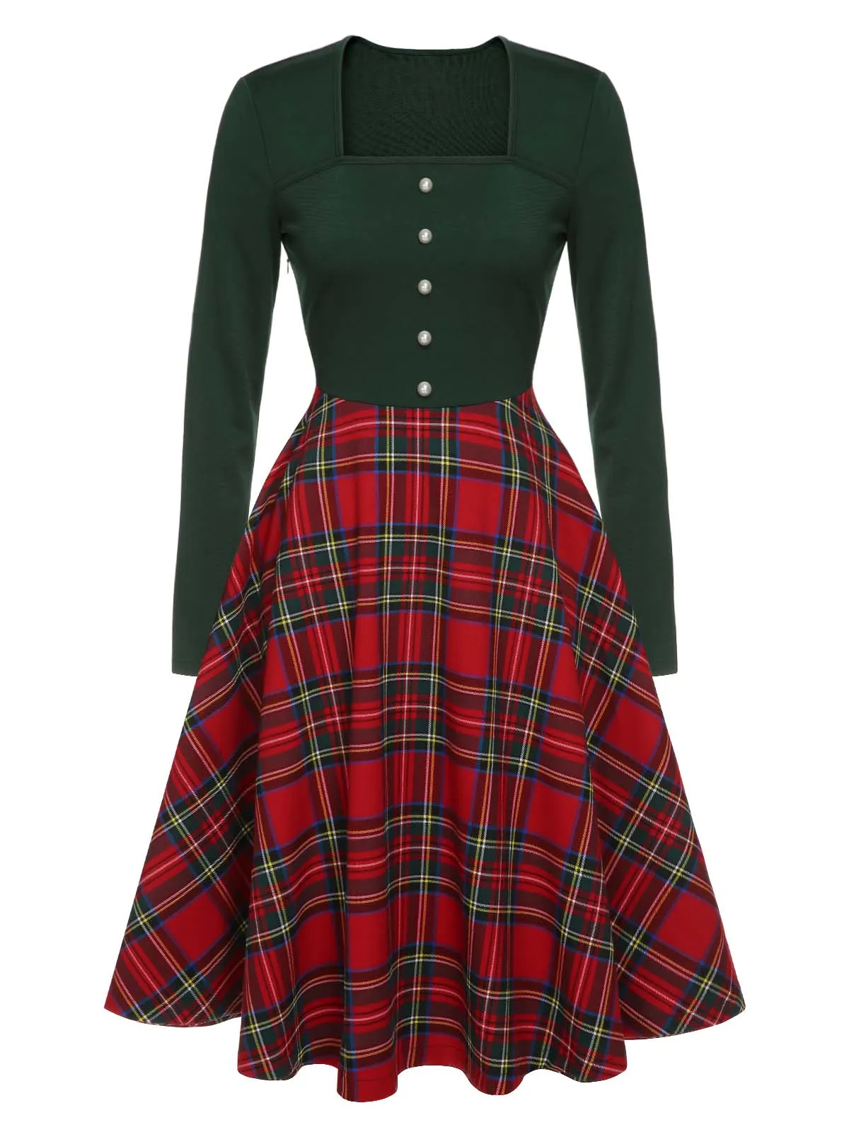 Green&Red 1950s Square Neck Plaids Long Sleeve Dress sold by Retro Stage product image thumbnail 2