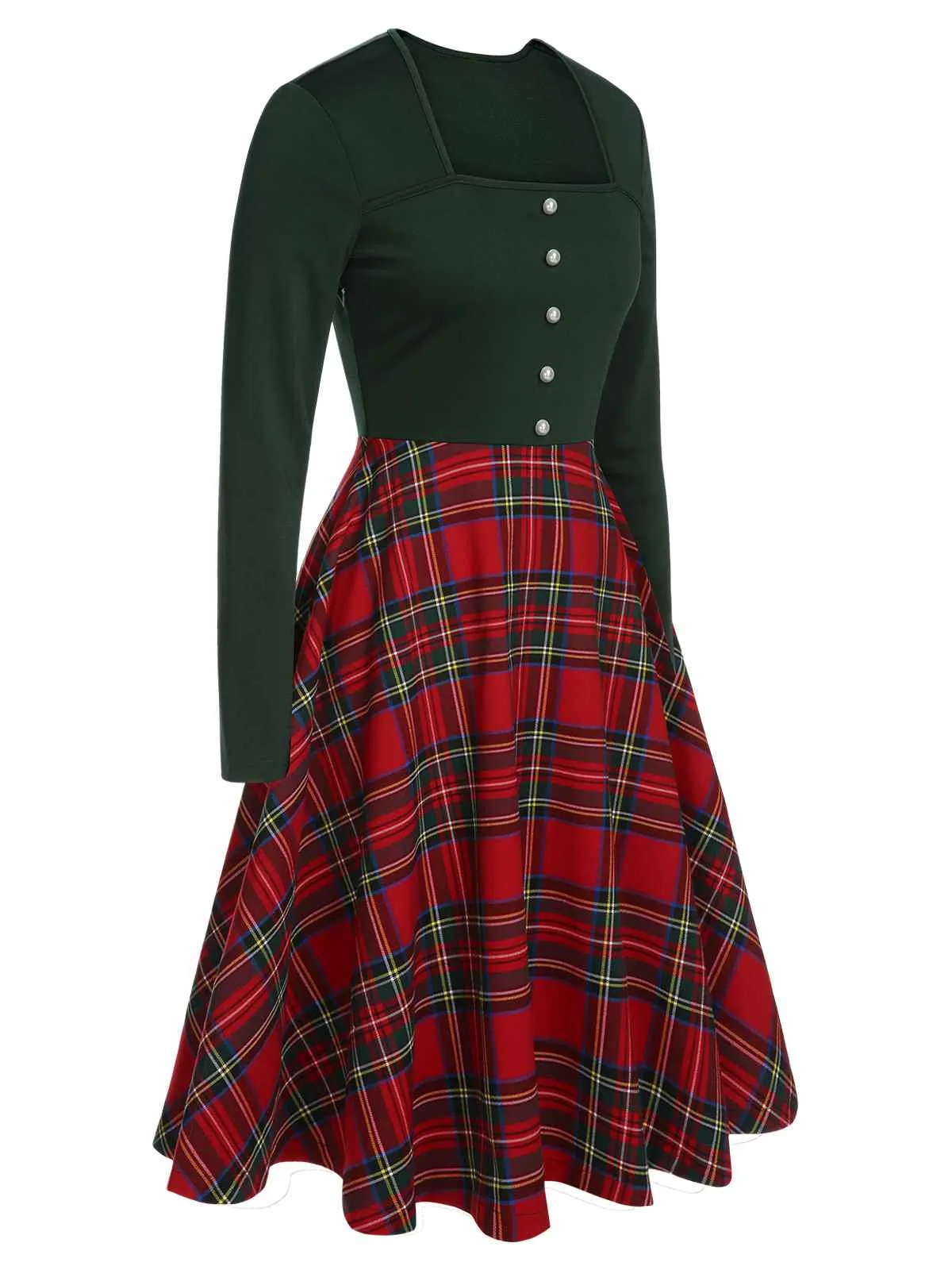 Green&Red 1950s Square Neck Plaids Long Sleeve Dress sold by Retro Stage product image thumbnail 3