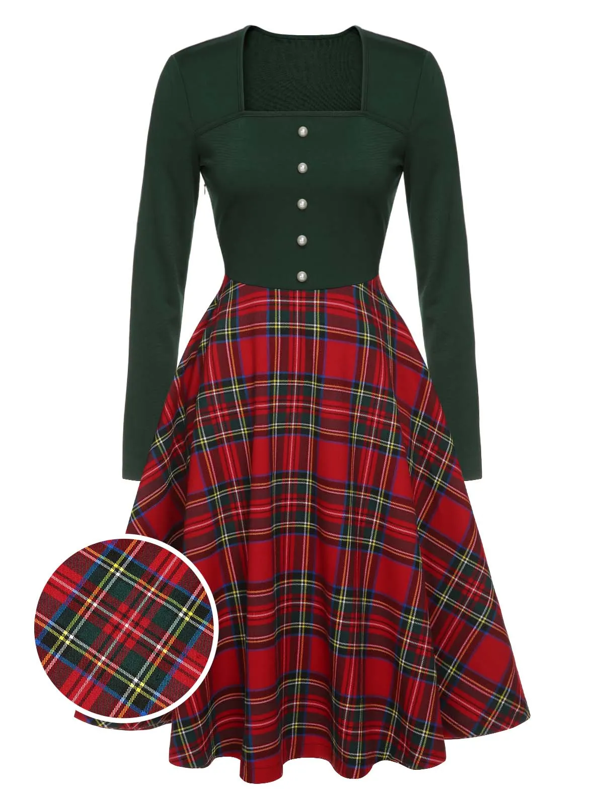 Green&Red 1950s Square Neck Plaids Long Sleeve Dress sold by Retro Stage