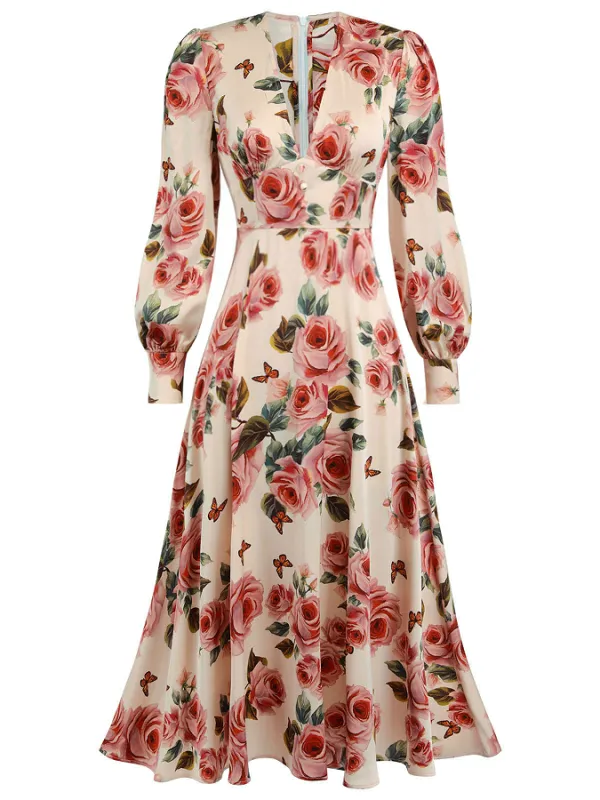 1940s Rose V-Neck Long Sleeves Dress sold by Retro Stage