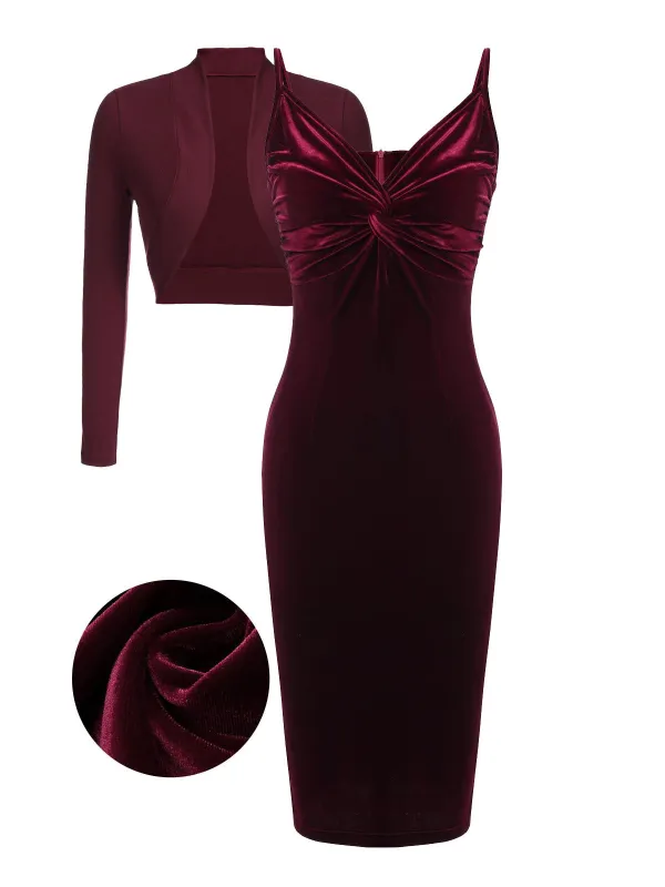 2PCS Wine Red 1960s Velvet Bodycon Dress sold by Retro Stage
