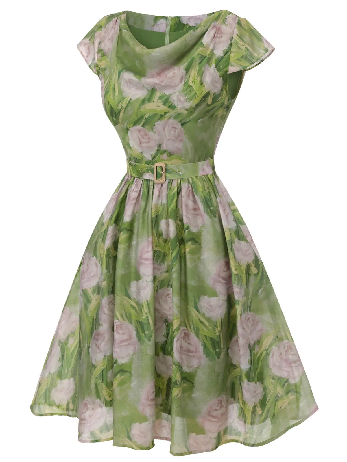 Green 1960s Oil-Painting Rose Dress sold by Retro Stage product image thumbnail 4