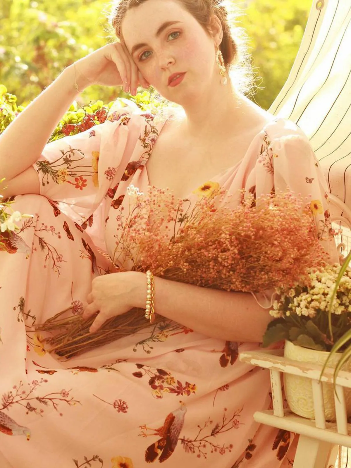 Pink Flowers And Birds Bowknot V-Neck Dress sold by Retro Stage