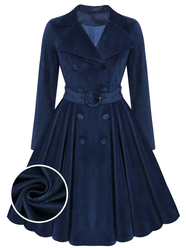 [Plus Size] Navy Blue 1950s Corduroy Long Coat sold by Retro Stage
