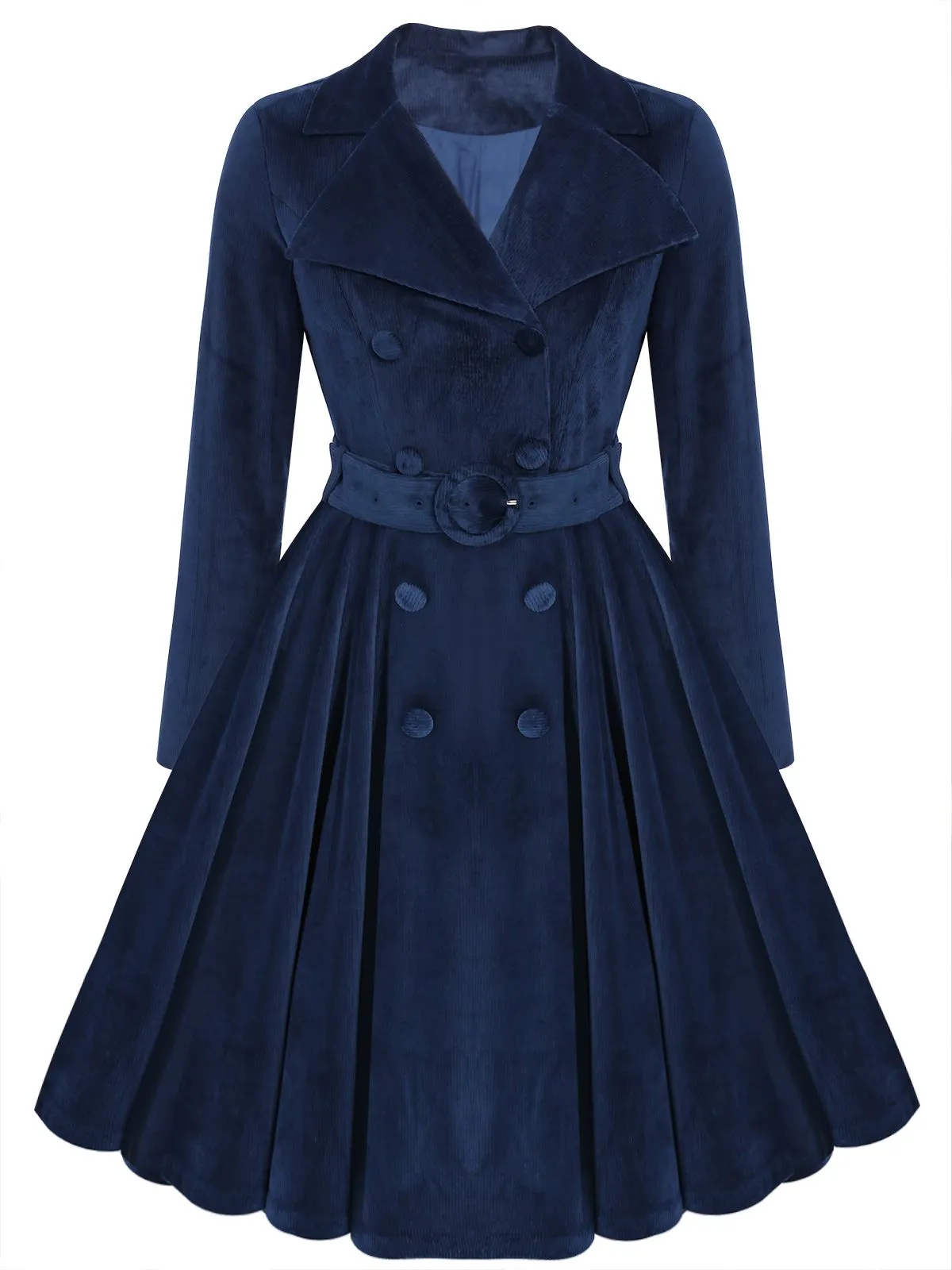 Navy Blue 1950s Corduroy Long Coat sold by Retro Stage product image thumbnail 5
