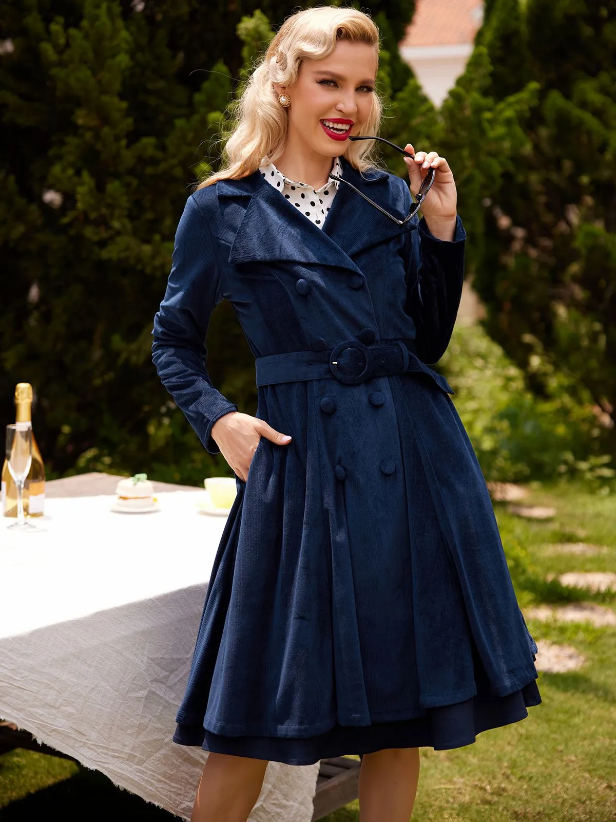 Navy Blue 1950s Corduroy Long Coat sold by Retro Stage product image thumbnail 3