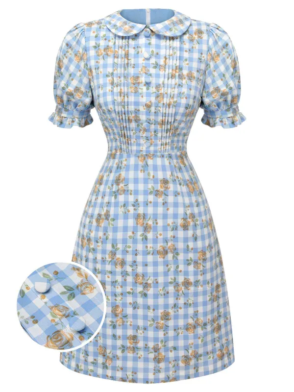 Blue 1960s Puff Sleeve Floral Plaid Dress sold by Retro Stage