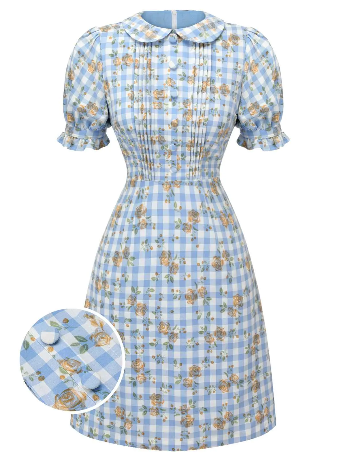 Blue 1960s Puff Sleeve Floral Plaid Dress sold by Retro Stage