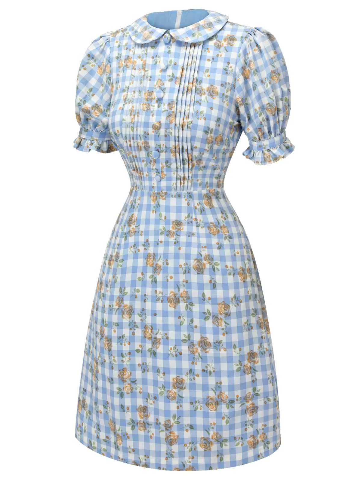 Blue 1960s Puff Sleeve Floral Plaid Dress sold by Retro Stage product image thumbnail 3