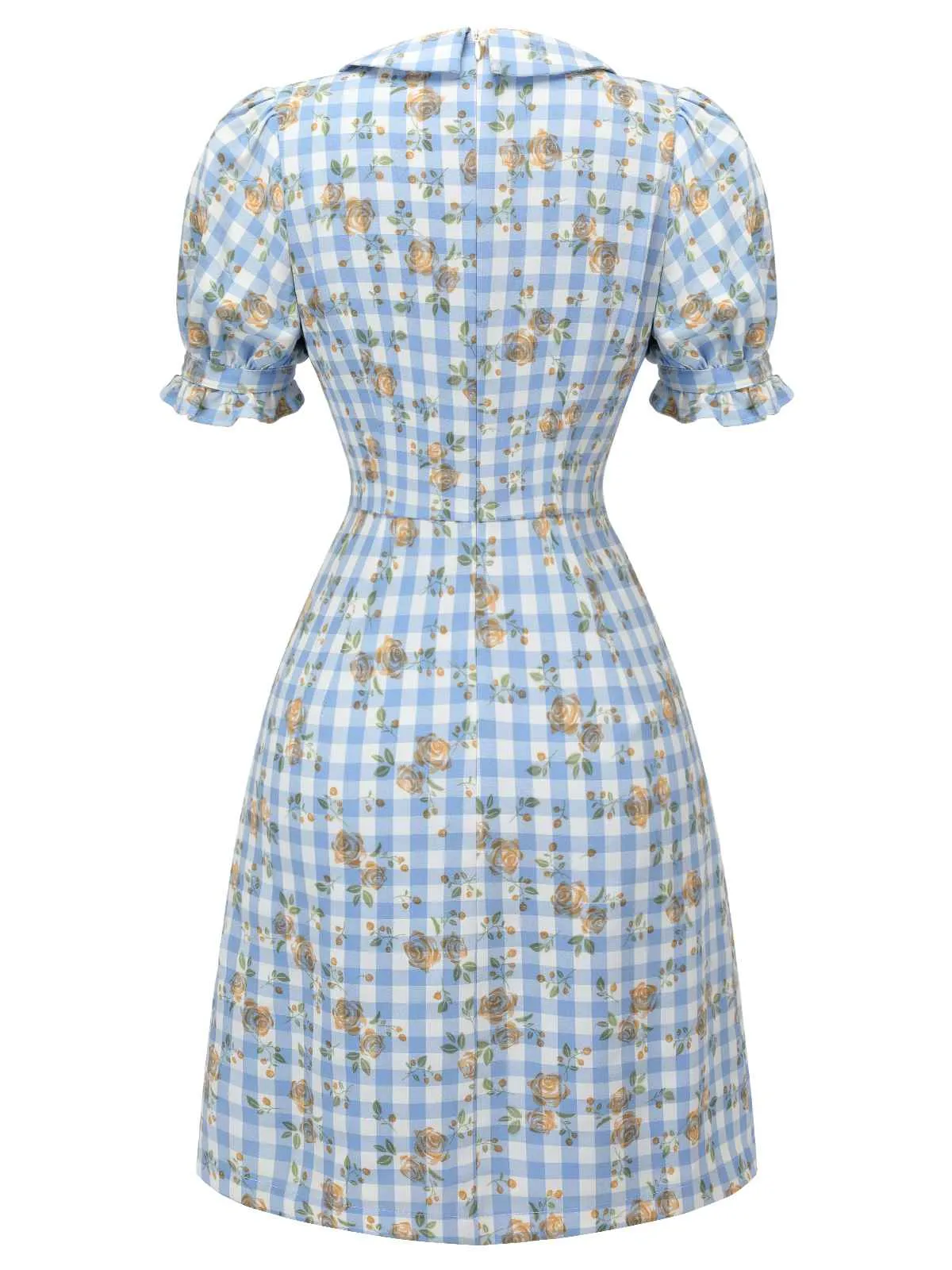 Blue 1960s Puff Sleeve Floral Plaid Dress sold by Retro Stage product image thumbnail 4