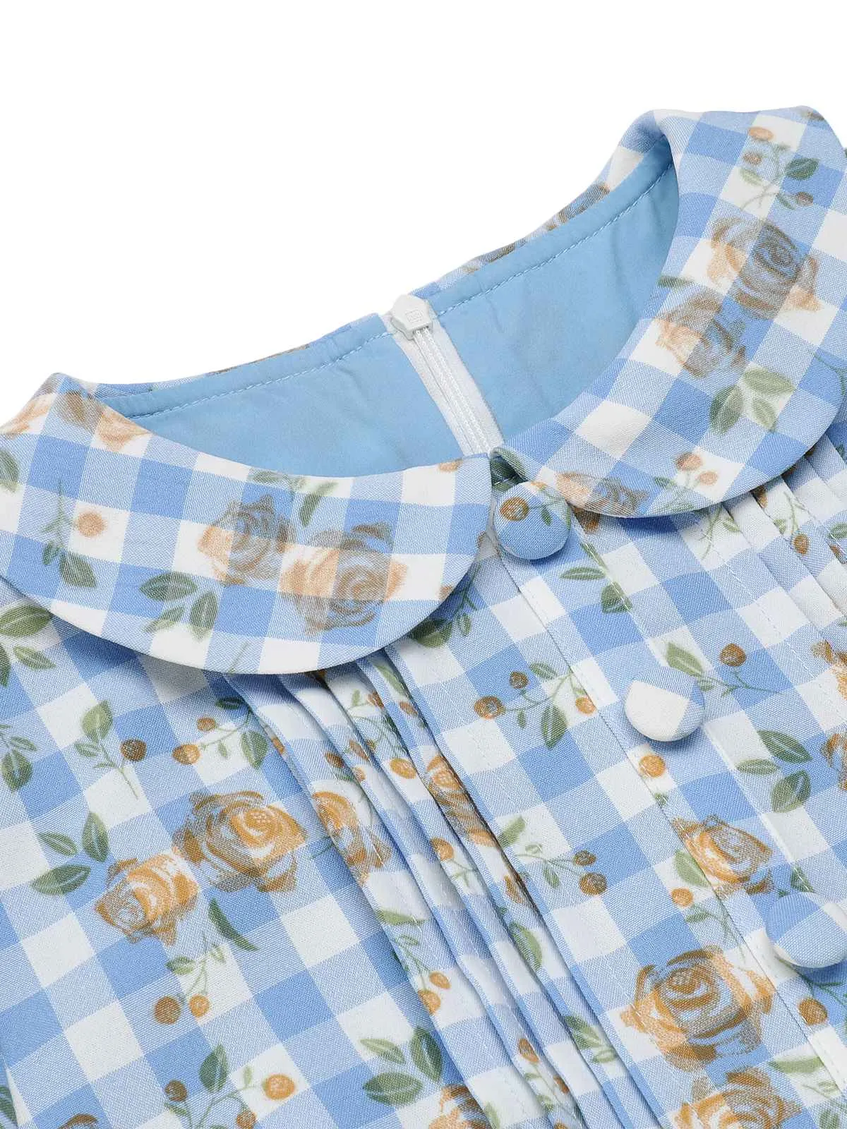 Blue 1960s Puff Sleeve Floral Plaid Dress sold by Retro Stage product image thumbnail 5