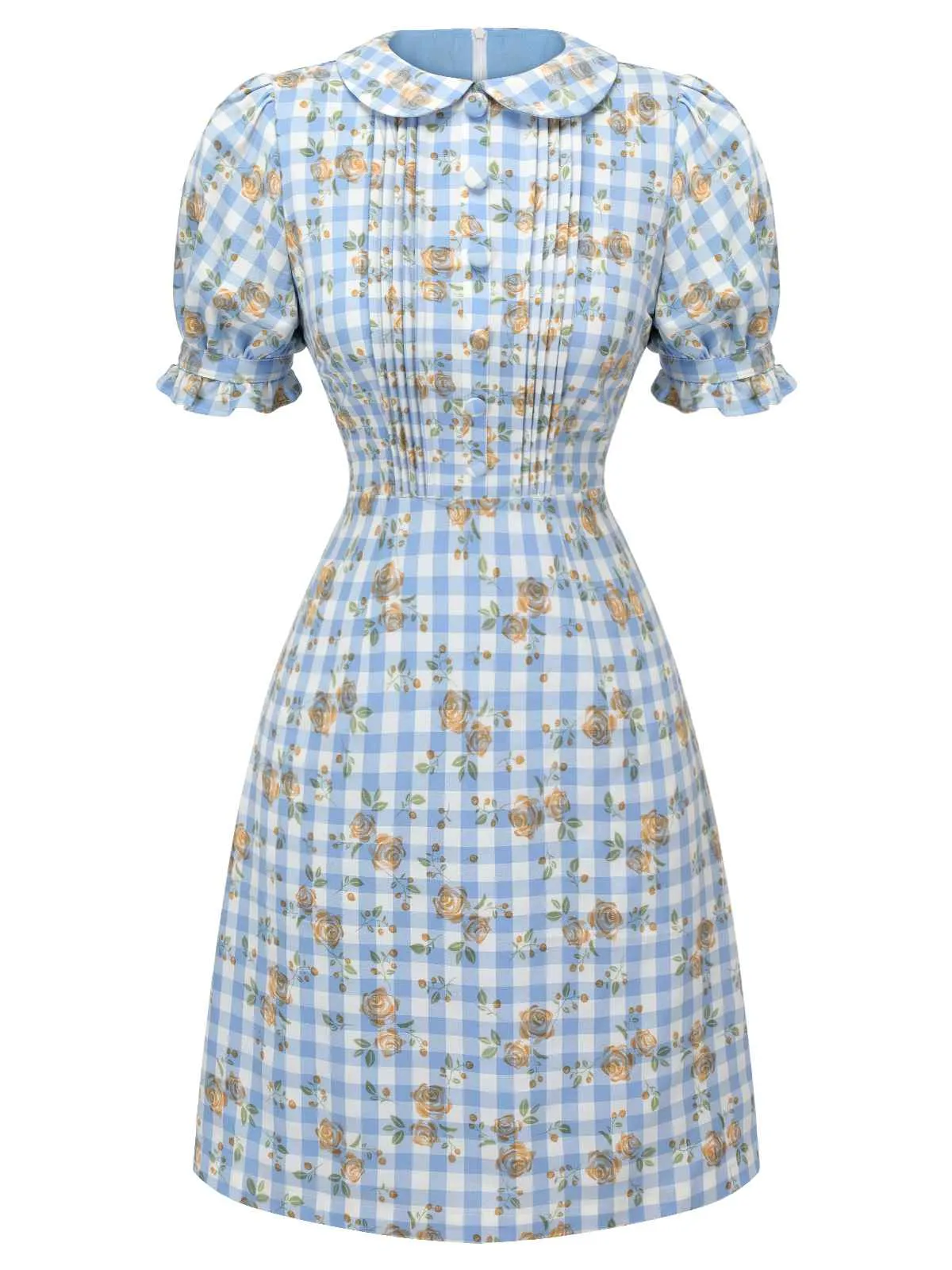 Blue 1960s Puff Sleeve Floral Plaid Dress sold by Retro Stage product image thumbnail 2