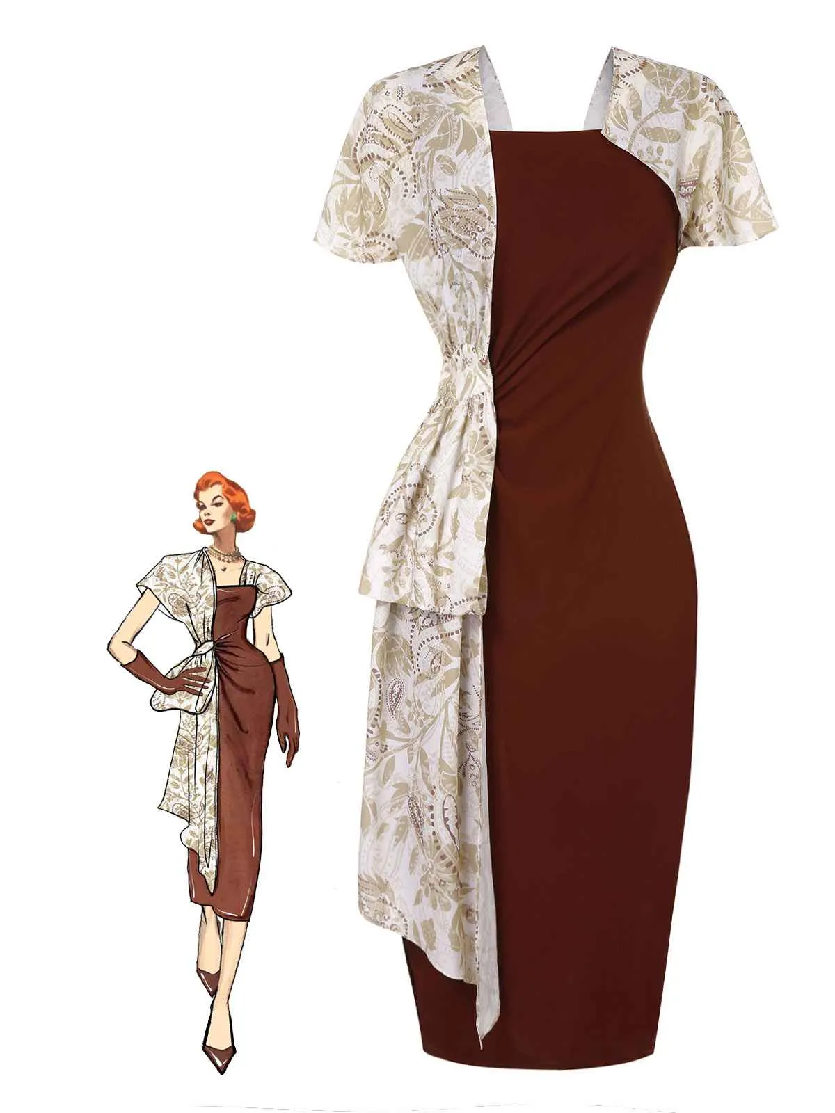 2PCS 1960s Solid Bodycon Dress & Floral Outwear sold by Retro Stage