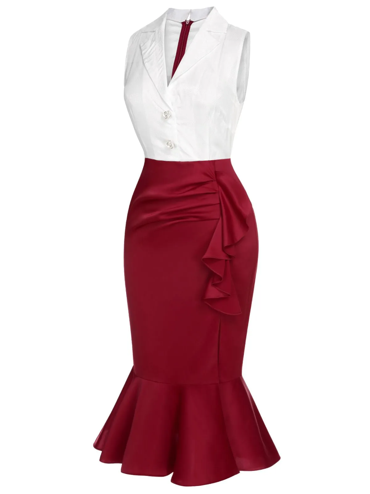 Red & White 1930s Sleeveless Slit Fishtail Dress sold by Retro Stage product image thumbnail 3