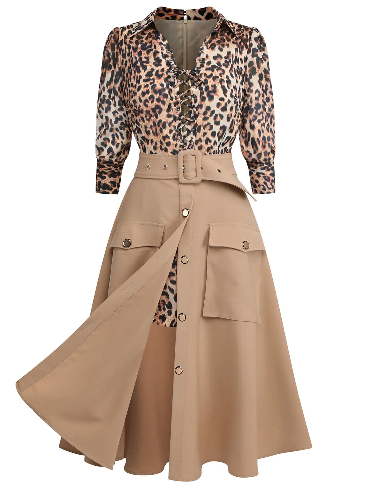 2PCS 1950s Leopard Lapel Romper & Khaki Skirt sold by Retro Stage product image thumbnail 3