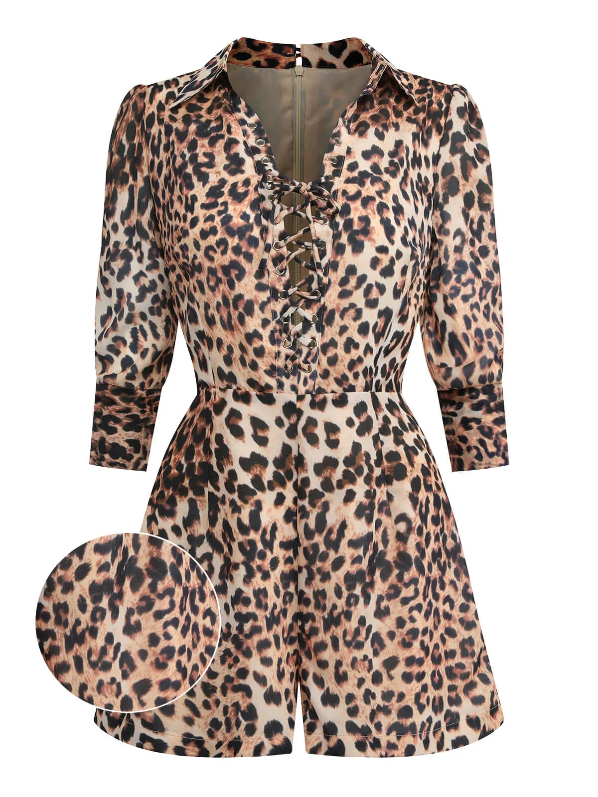 2PCS 1950s Leopard Lapel Romper & Khaki Skirt sold by Retro Stage product image thumbnail 2