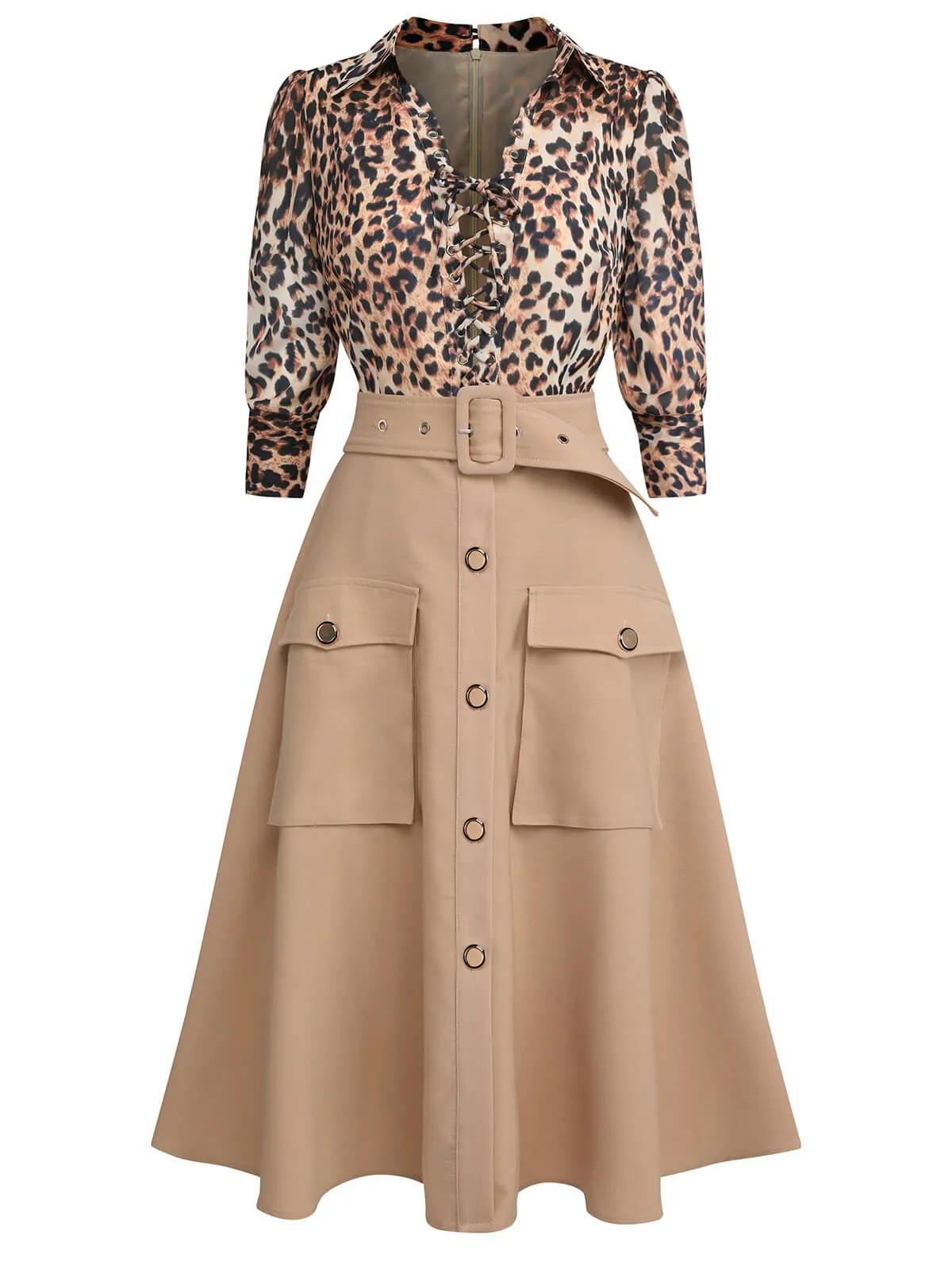 2PCS 1950s Leopard Lapel Romper & Khaki Skirt sold by Retro Stage product image thumbnail 4