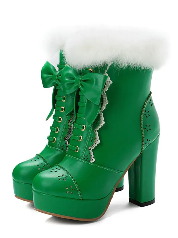 Retro Furry Bowknot Chunky Heel Snow Boots sold by Retro Stage