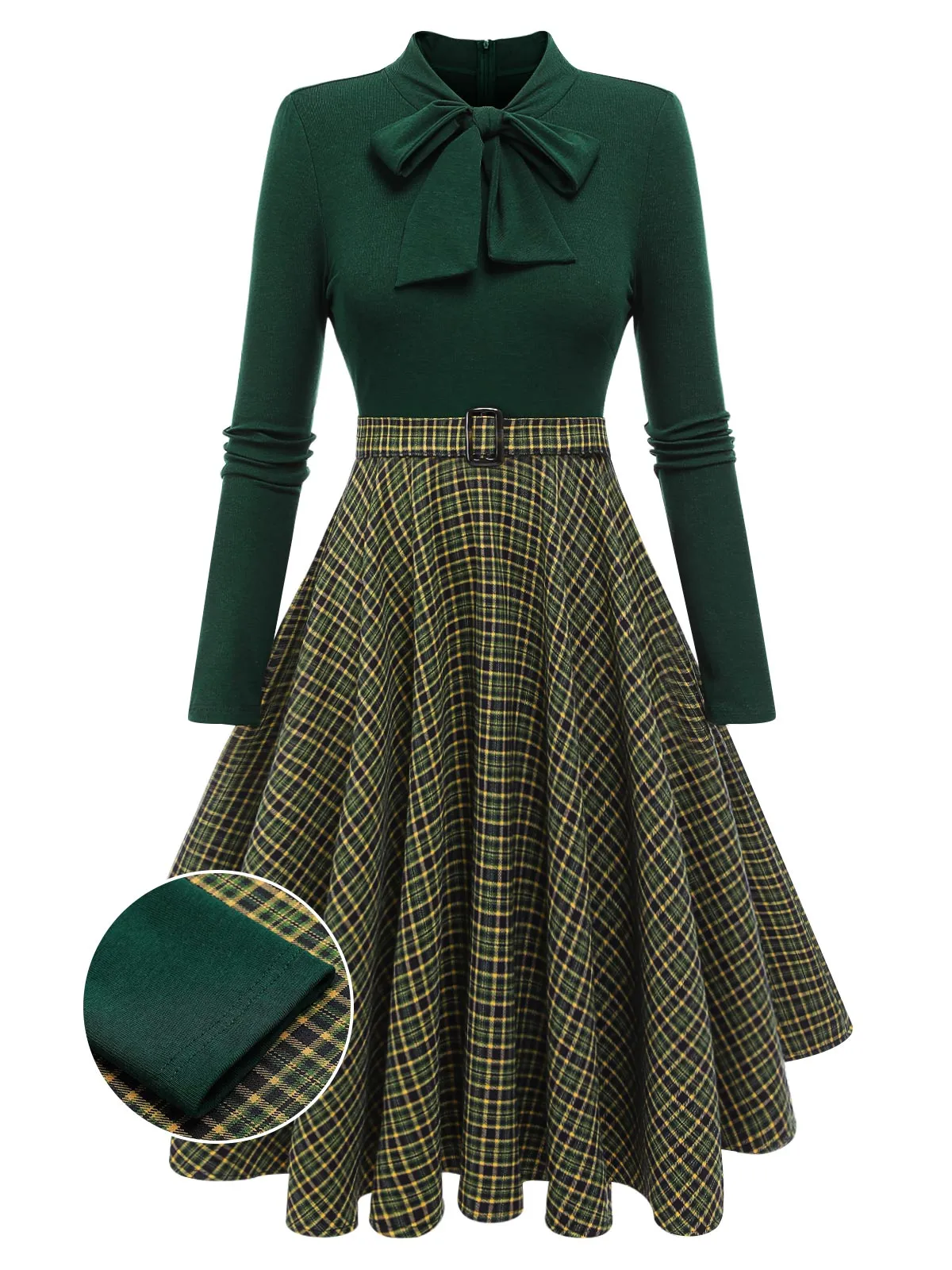 Dark Green 1950s Plaid Knitting Dress sold by Retro Stage product image thumbnail 3