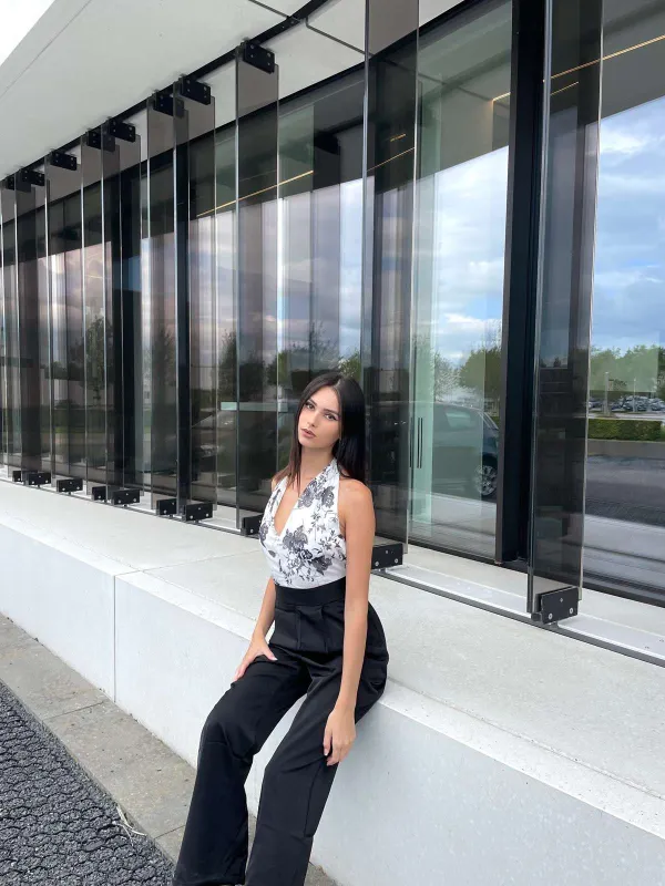 Black White 1930s Floral Halter Strap Jumpsuit sold by Retro Stage