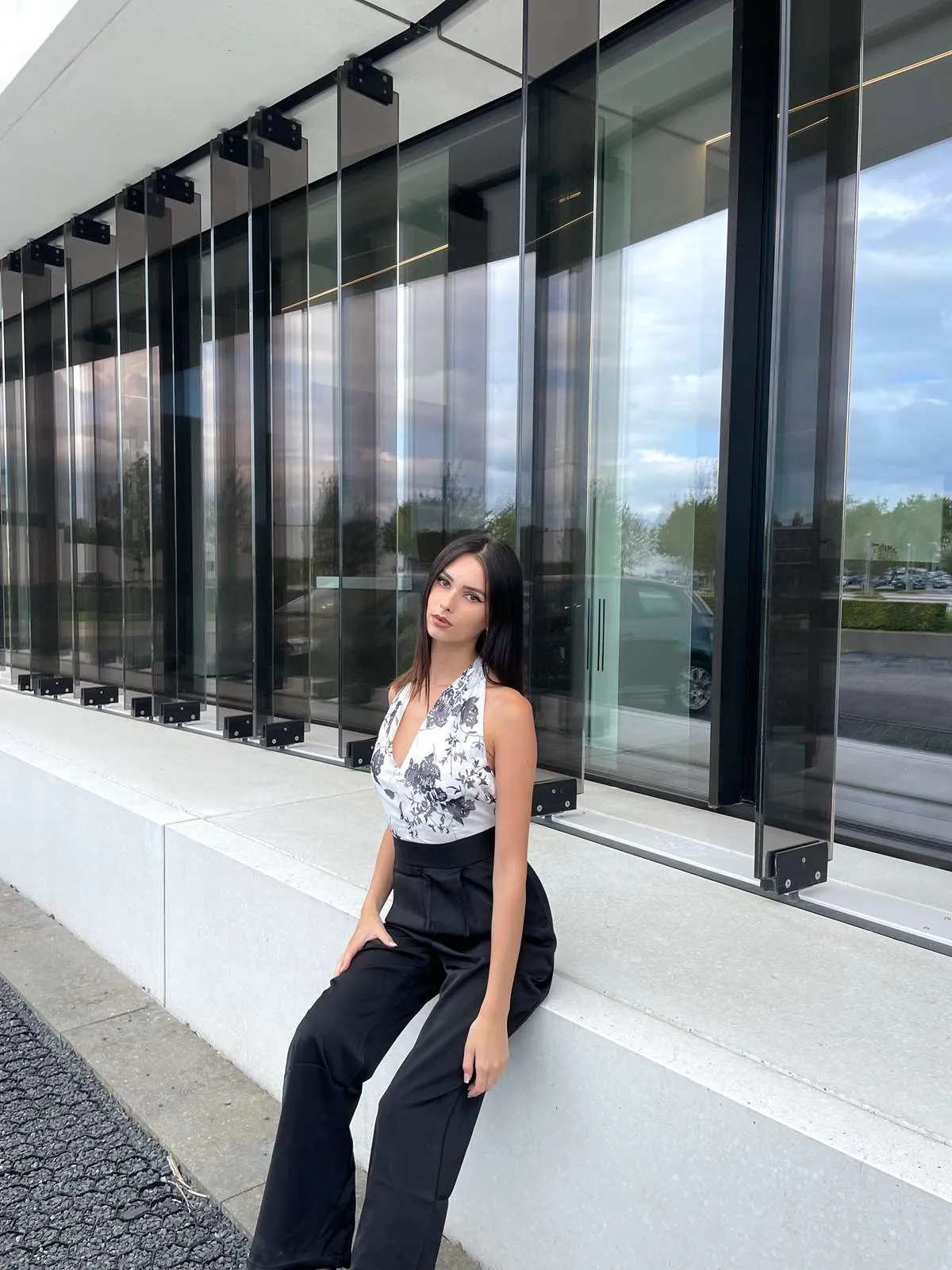 Black White 1930s Floral Halter Strap Jumpsuit sold by Retro Stage