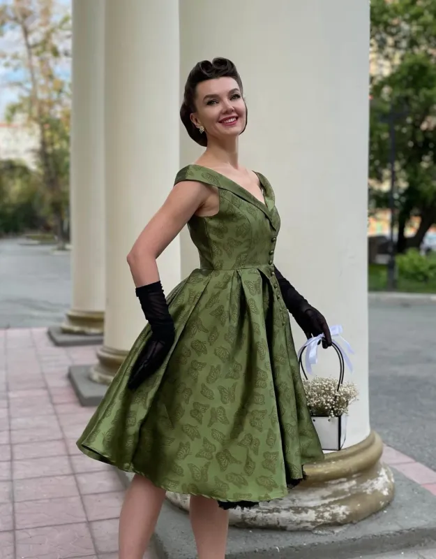 Green 1950s Off-Shoulder Vintage Dress sold by Retro Stage