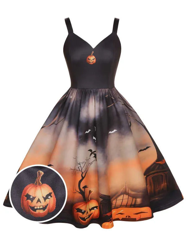 Black 1950s Halloween Pumpkin Swing Dress sold by Retro Stage