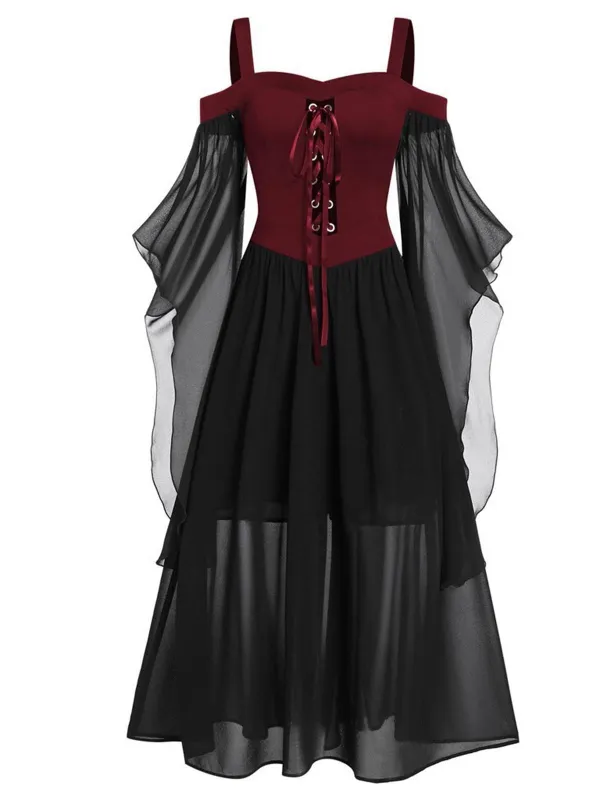 [Plus Size] 1950s Suspender Contrast Color Chiffon Strap Dress sold by Retro Stage