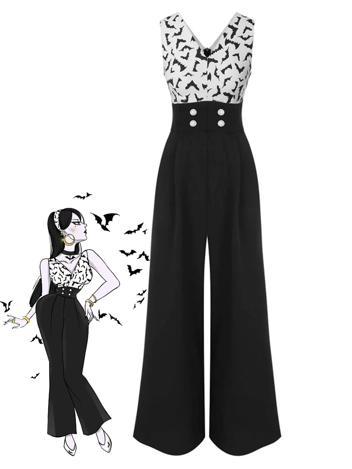 Black 1930s Halloween Bat Patchwork Jumpsuit sold by Retro Stage
