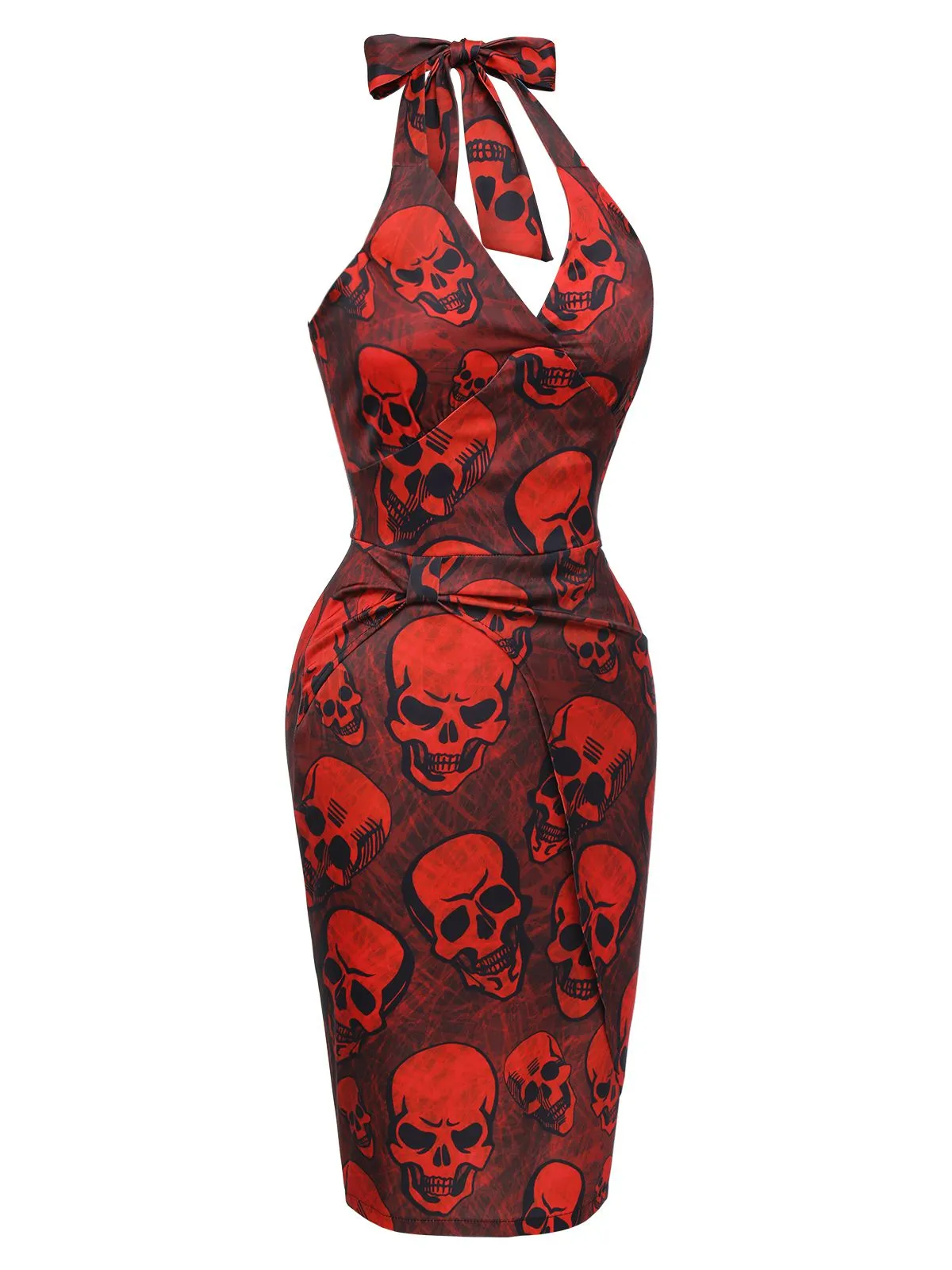 Deep Red 1960s Halloween Skull Halter Dress sold by Retro Stage product image thumbnail 3