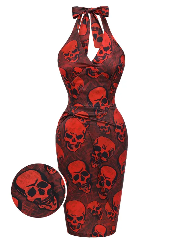 Deep Red 1960s Halloween Skull Halter Dress made by Retro Stage