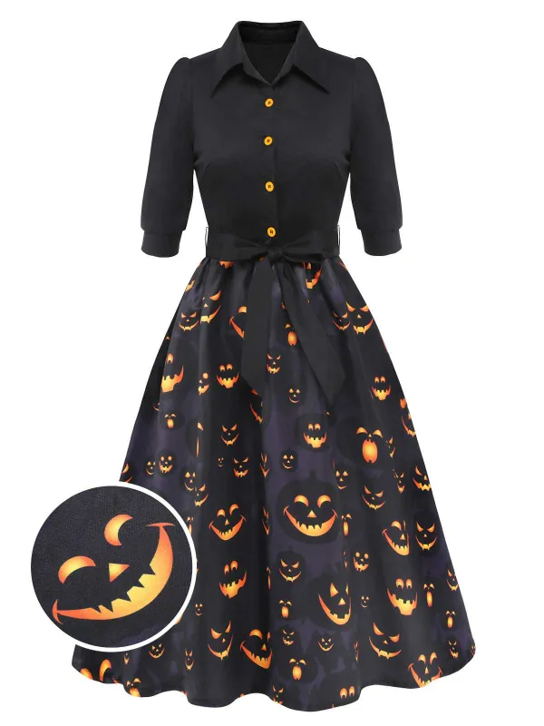 Black 1940s Halloween Lapel Pumpkin Belted Dress made by Retro Stage