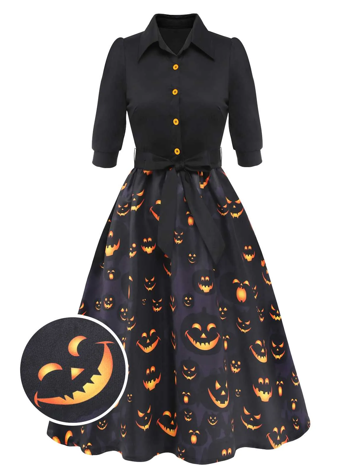 Black 1940s Halloween Lapel Pumpkin Belted Dress sold by Retro Stage