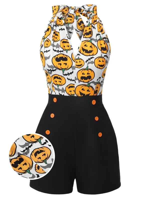 Black 1950s Halloween Pumpkin Halter Romper sold by Retro Stage