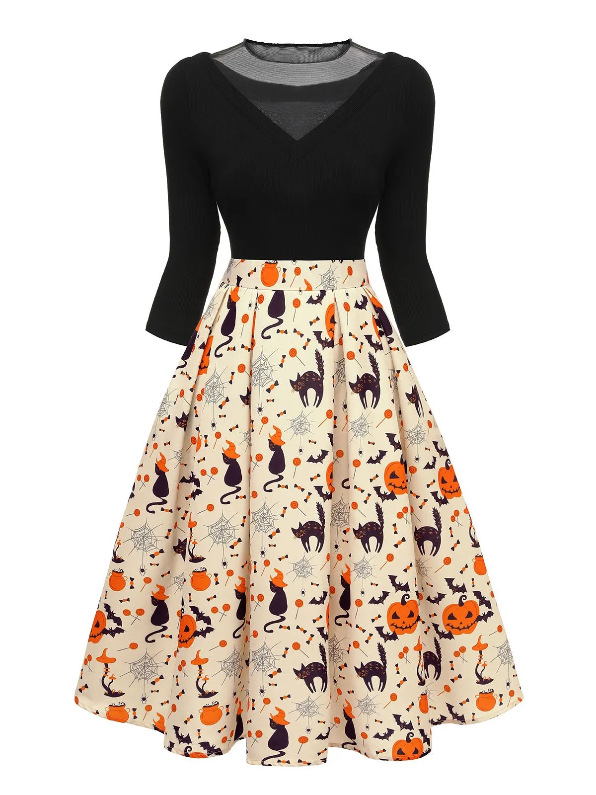 1950s Halloween Pumpkin Cat Knitted Top Patchwork Dress sold by Retro Stage product image thumbnail 2